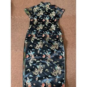 Silk-Effect Black Dragon Print Maxi Qipao Dress